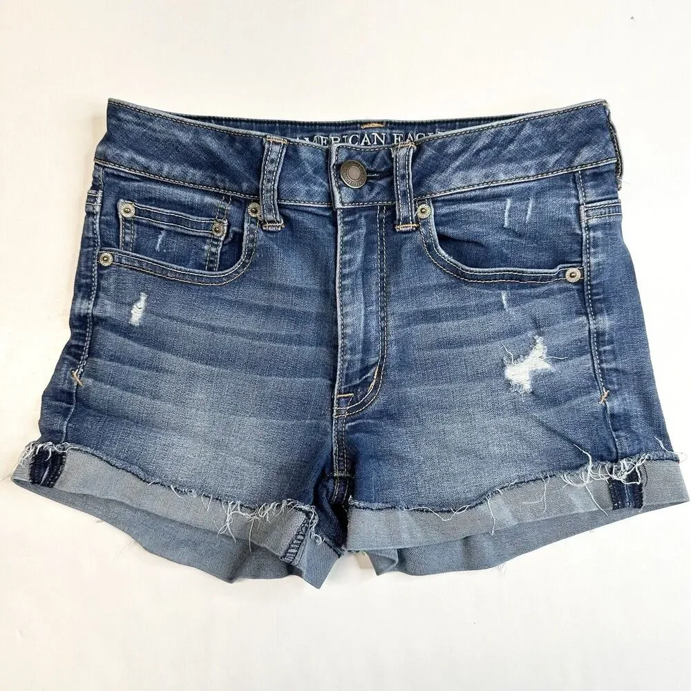 American Eagle Shorts Shortie 6 Super Stretch Denim Blue Jean Cuffed Distressed